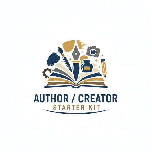 Logo for 'Author/Creator Starter Kit' with book, pen, camera, and other creative tools on a white background.
